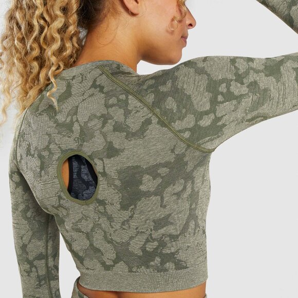 GYMSHARK XS Adapt Camo Seamless Long Sleeve Crop Top Thumbhole Sleeves Green XS - Picture 2 of 10